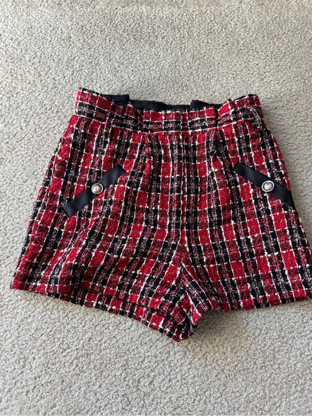 VENUS Red and Black Plaid Tweed High Waist Women's Shorts classy